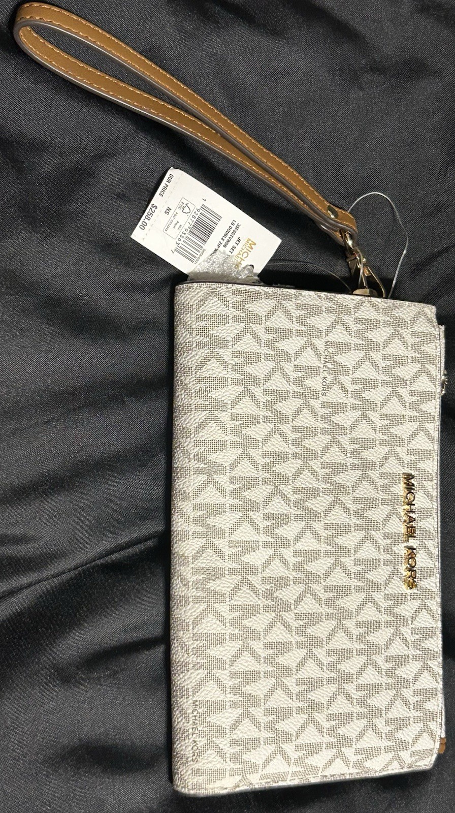 Michael Kors Signature Logo Zip Wristlet Wallet Beige Brown Wrist Strap