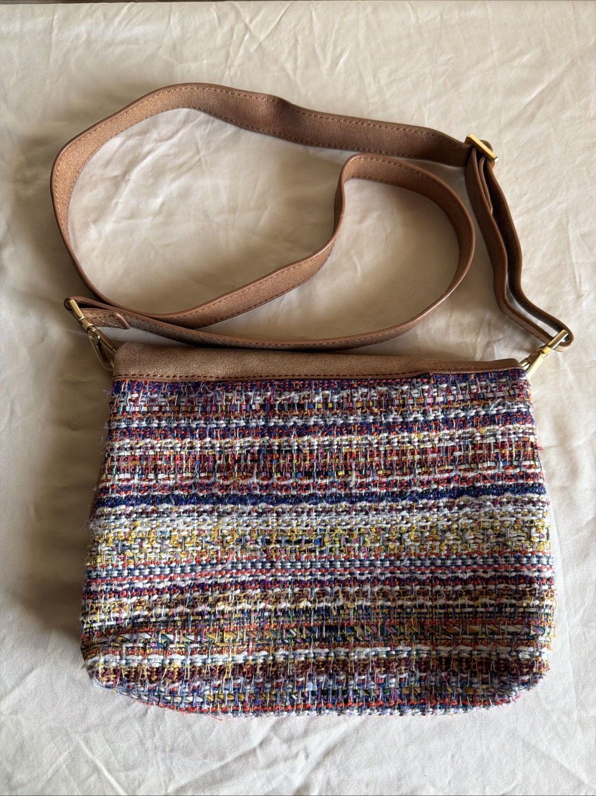 Hammitt Los Angeles VIP Tweed Crossbody Bag Taupe Multi-Color Gold Hardware 10×8