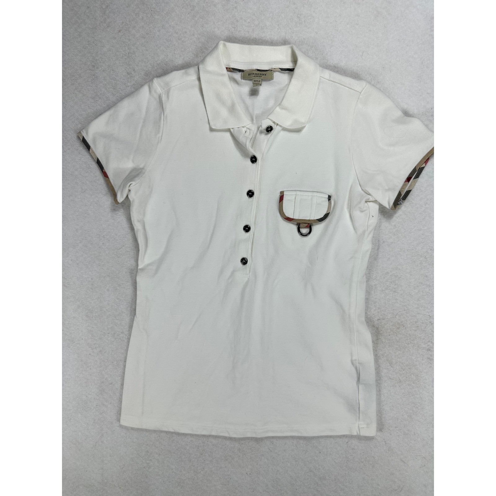 Burberry London Womens White Nova Check Trim Polo Shirt Size S D-Ring Pocket