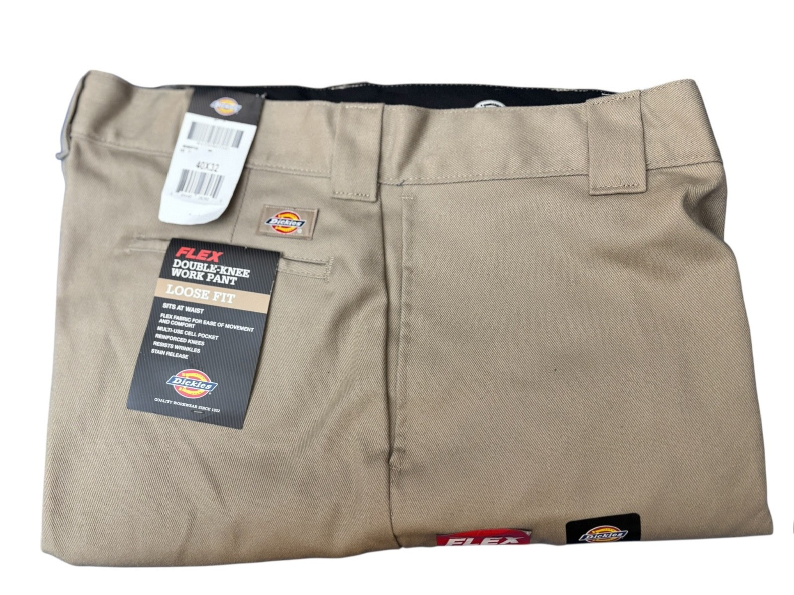 dickies mens khaki double knee cell phone pocket loose fit flex work pants 40×32