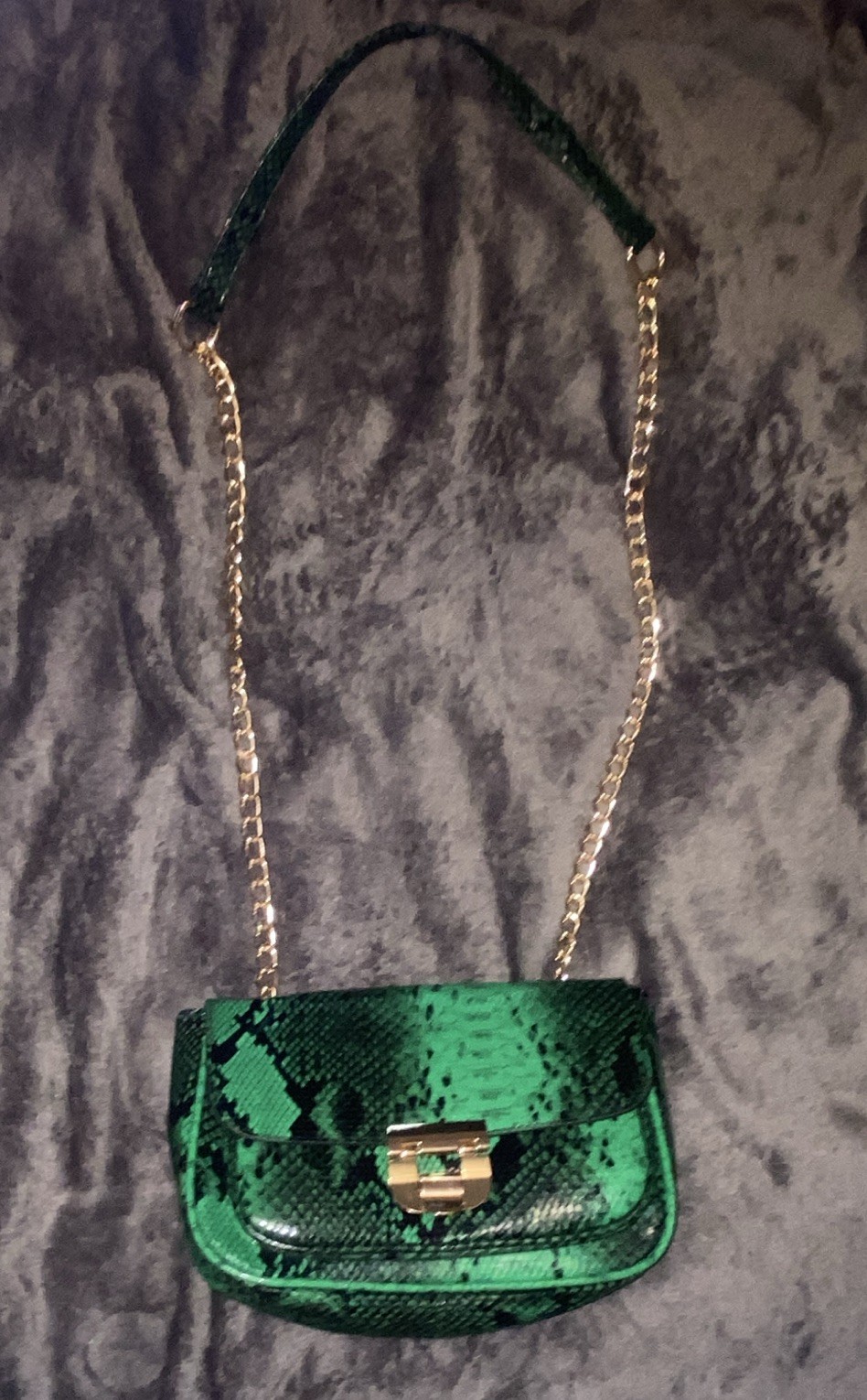 Charming Charlie Green/Black Snake Animal Print Shoulder Bag Gold Chain