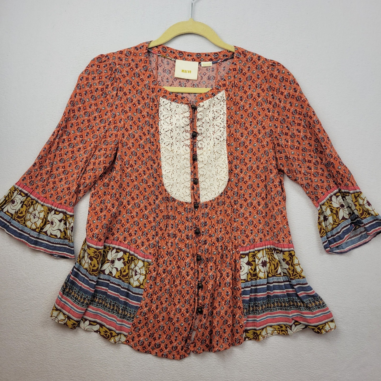MAEVE Anthropologie Hiver Peasant Top Womens Size 6 Floral Crochet Lace Cottage