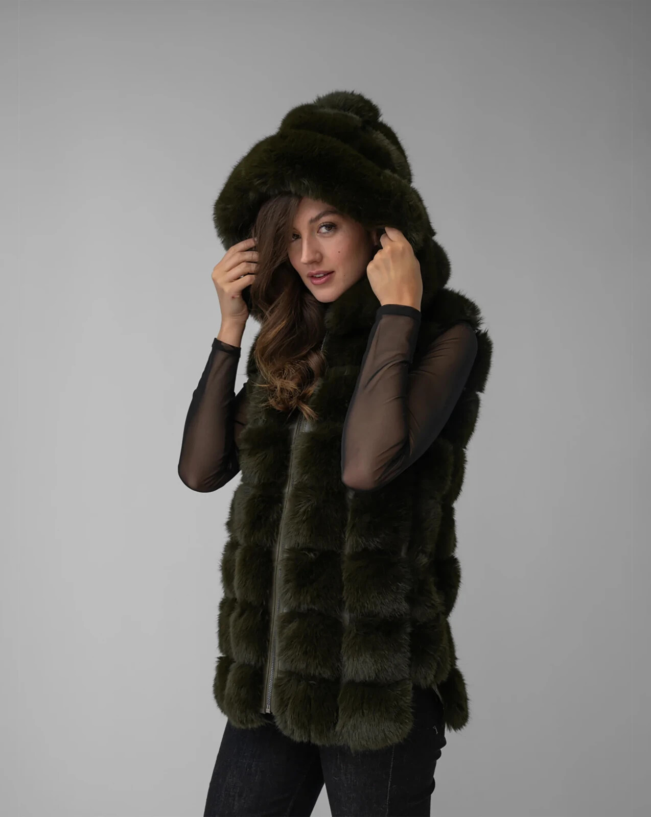 [Adrienne Landau] Faux Fur & Faux Leather Hooded Vest – New – Released 2025
