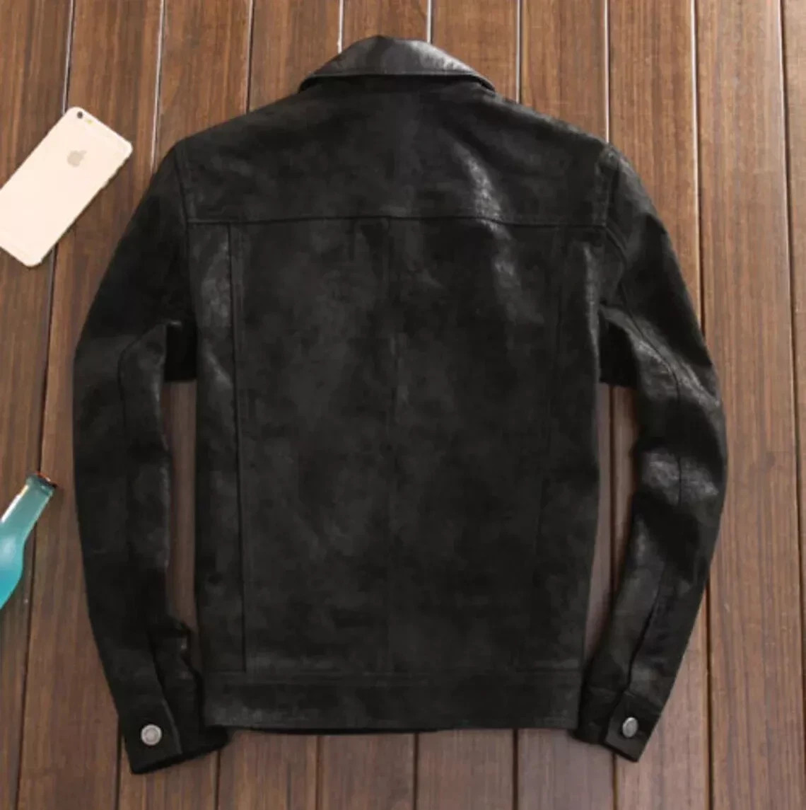 Black Leather Trucker Jacket for Men Pure Suede Custom Made Size S M L XXL 3XL