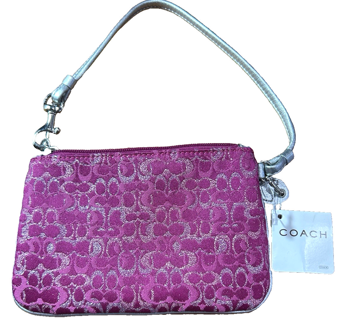 NEW COACH CC SIGNATURE JACQUARD RASPBERRY PINK METALLIC WRISTLET NWT