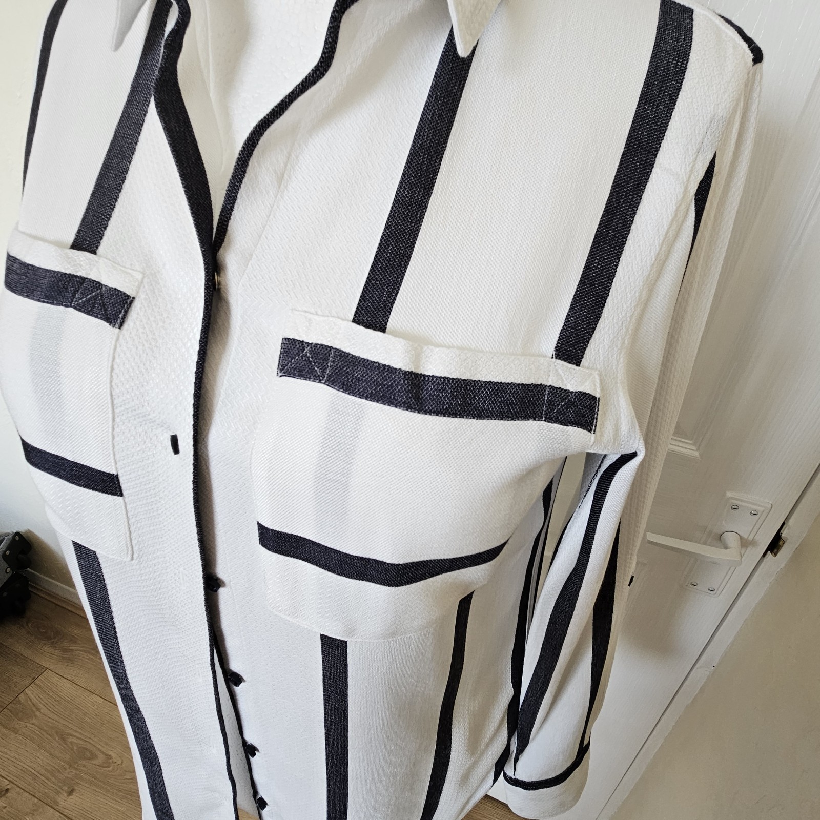 Next Size 12 – Black & White Stripe Shirt – Long Sleeved – Viscose & Cotton VGC