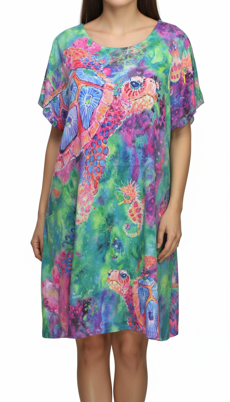 Leoma Lovegrove Dress Short Sleeve Colorful Sea Turtle Seahorse Print Size M