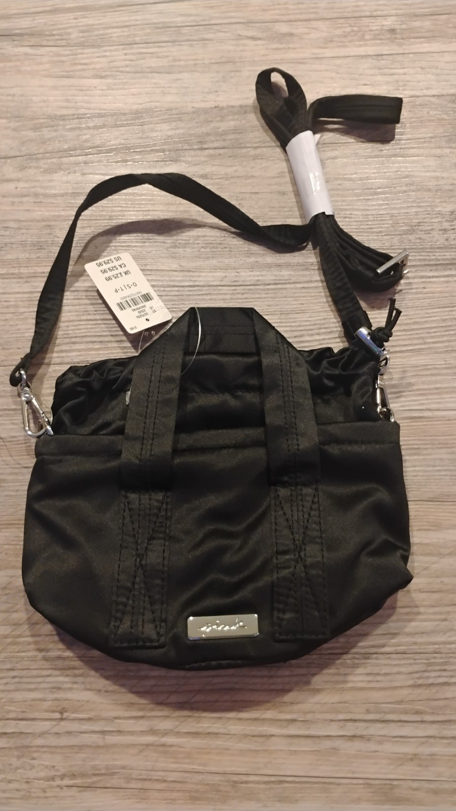 nicole Black Small Shoulder Bag Detachable Strap Logo Plaque Drawstring Closure