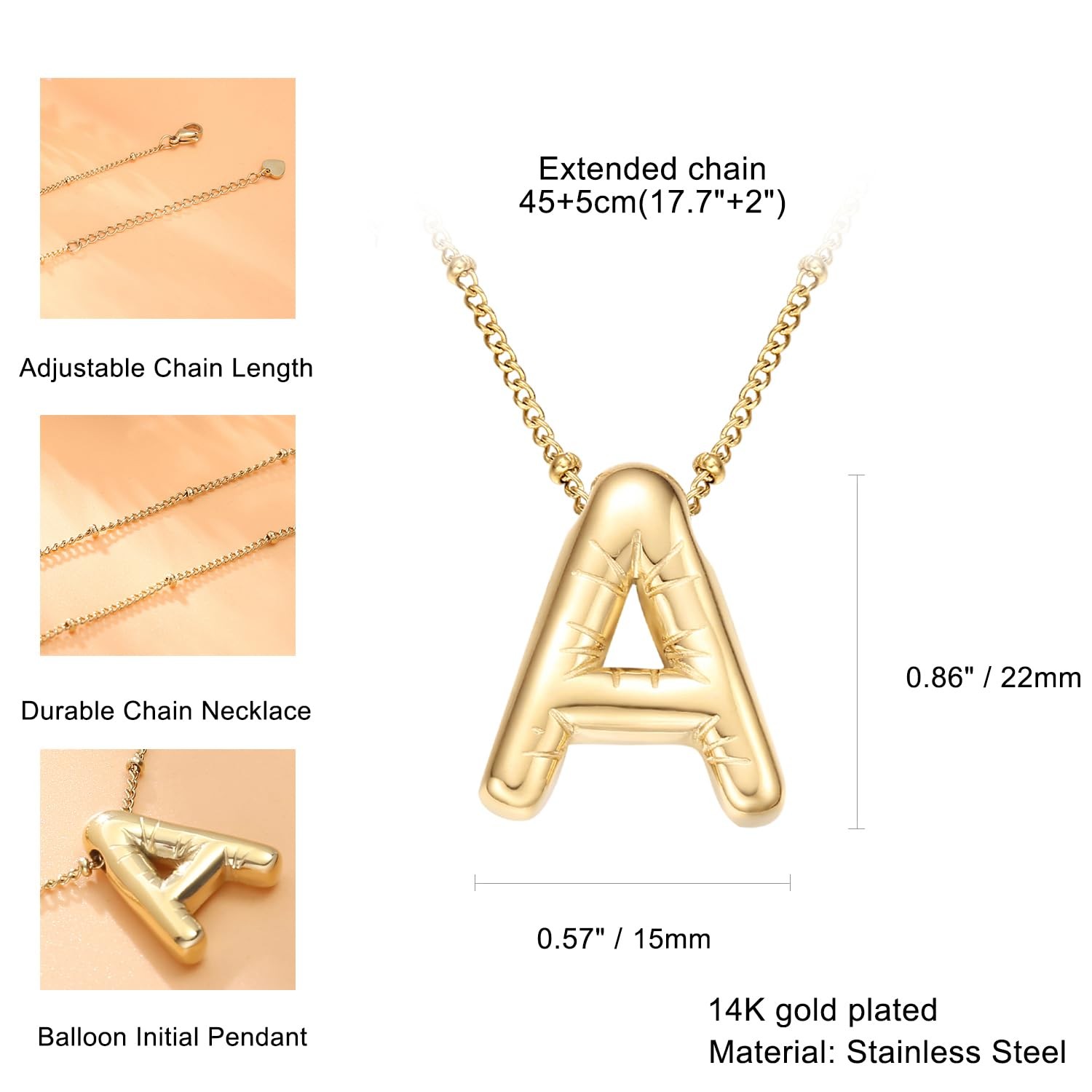 BOLAGTIER Bubble Letter Necklace Gold Plated Balloon Initial Medium,