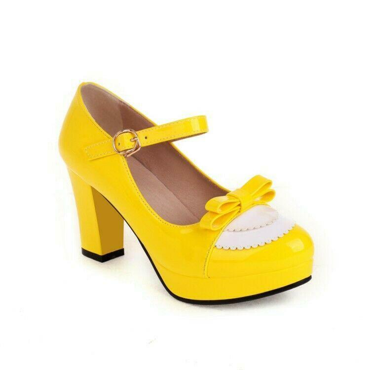 Womens Bowknot Platform Mary Janes Shoes Lolita Pumps Block Heels Fashion Shoes