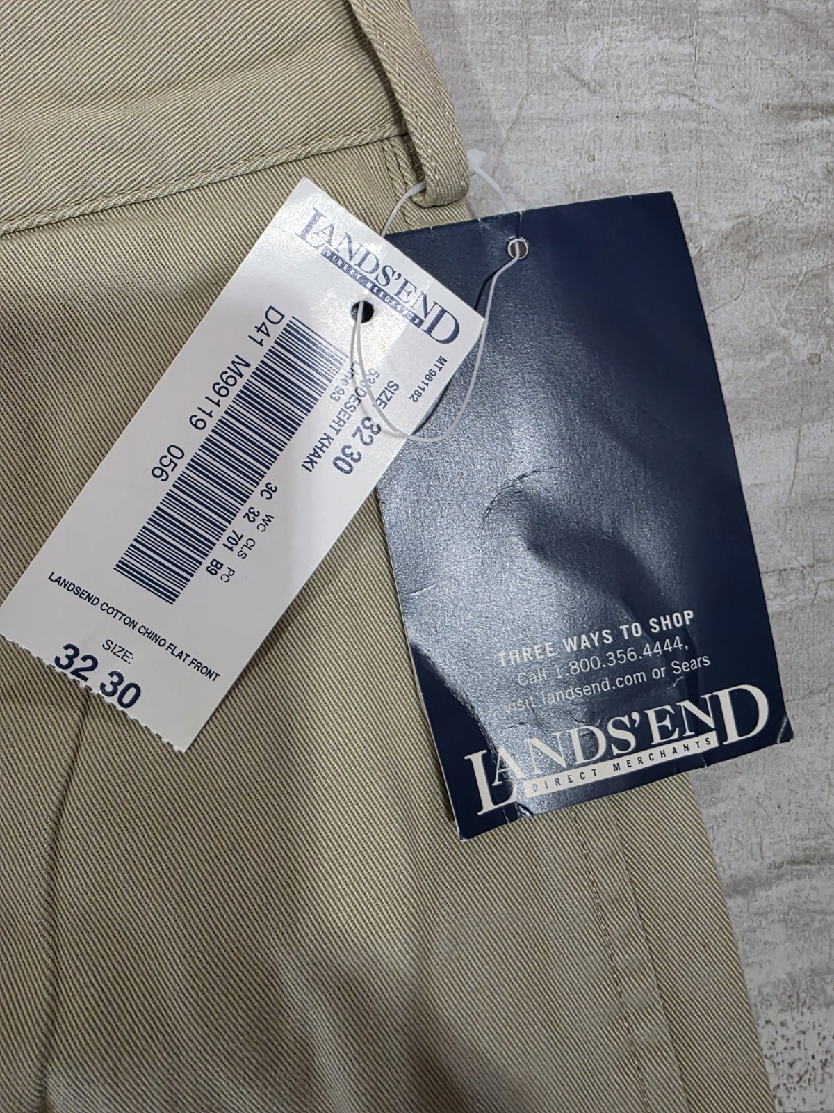 Lands’ End Men’s Beige Cotton Twill Chino Pants 32 Straight Flat Front NWT