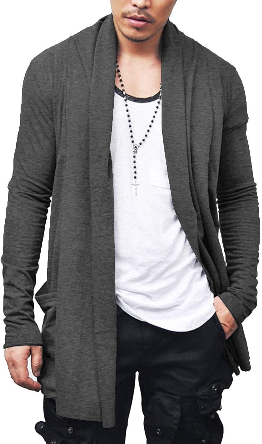 Men’s Lightweight Open Front Cardigan Longline Drape Sweater with Pockets Shawl