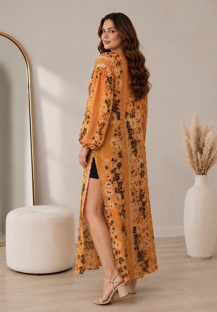 Free People L Orange Floral Sheer Mesh V-Neck Balloon Sleeve Tie Front Kimono