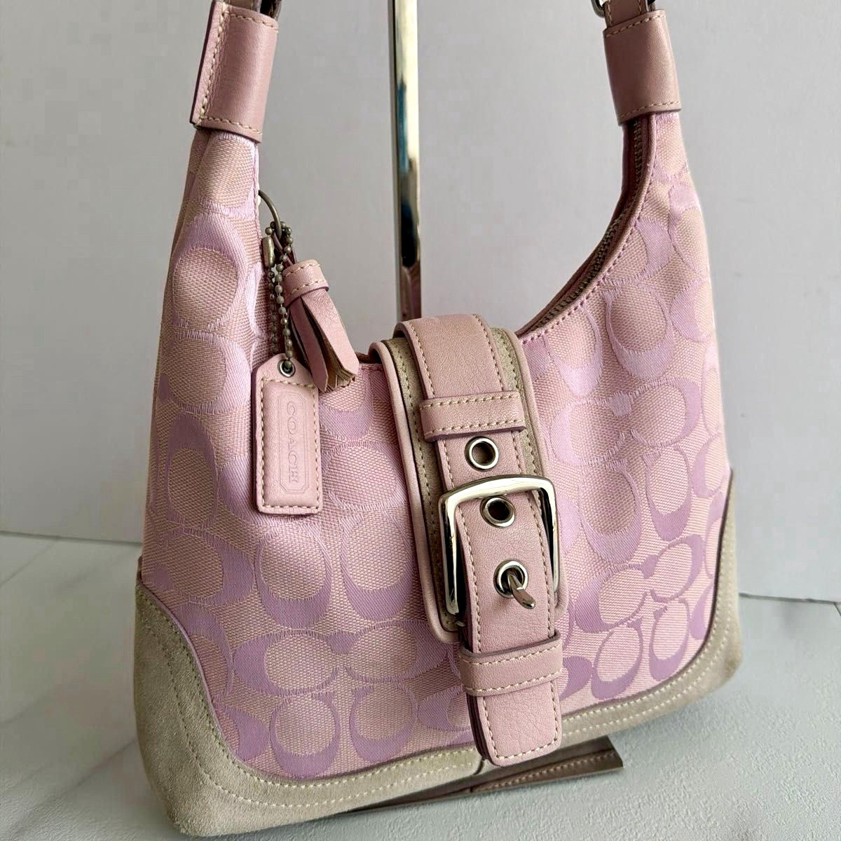 Coach Pink Signature Jacquard and Suede Buckle Hobo Shoulder Bag Style 6823