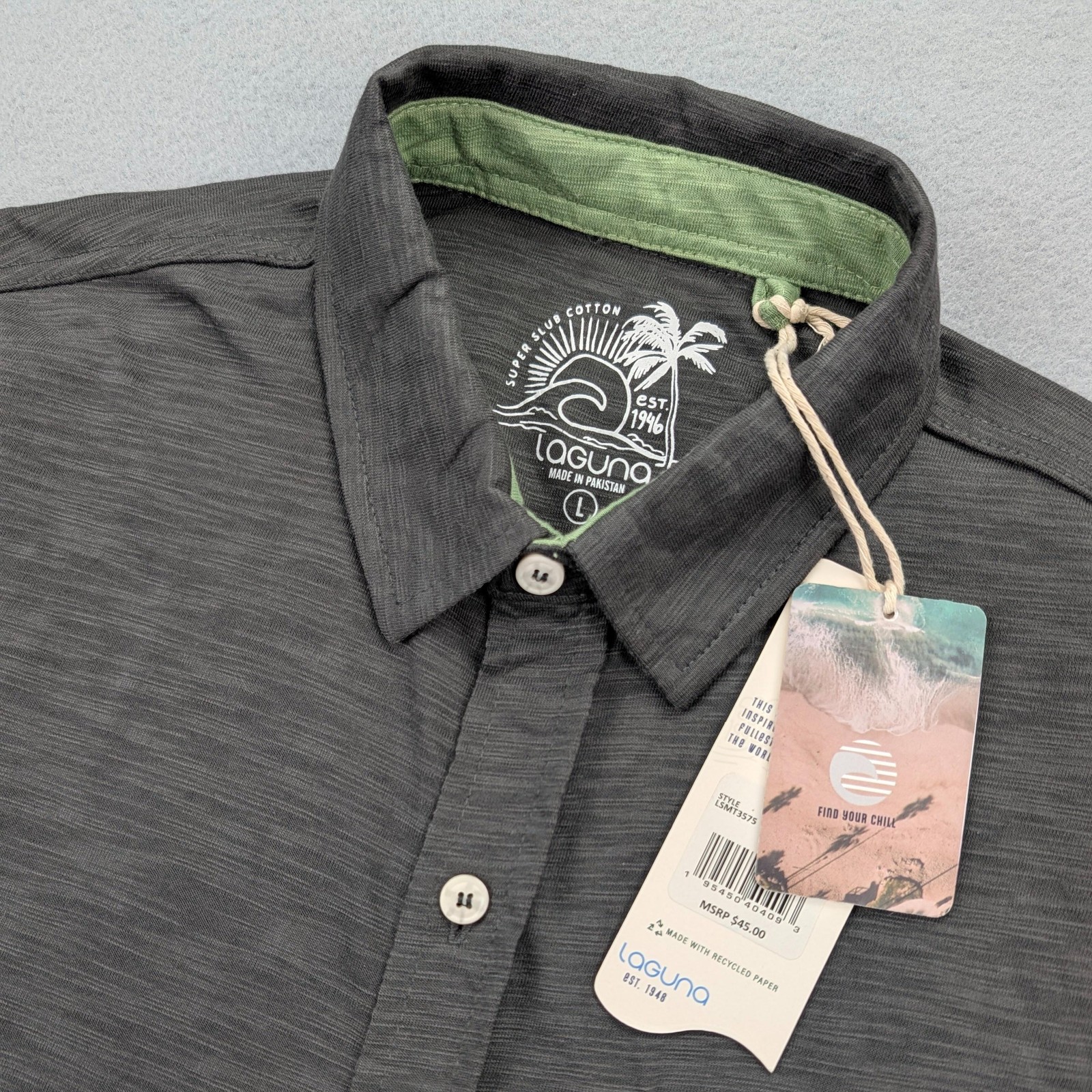 Laguna Shirt Mens Large Gray Super Slub Cotton Short Sleeve Button Front Pocket