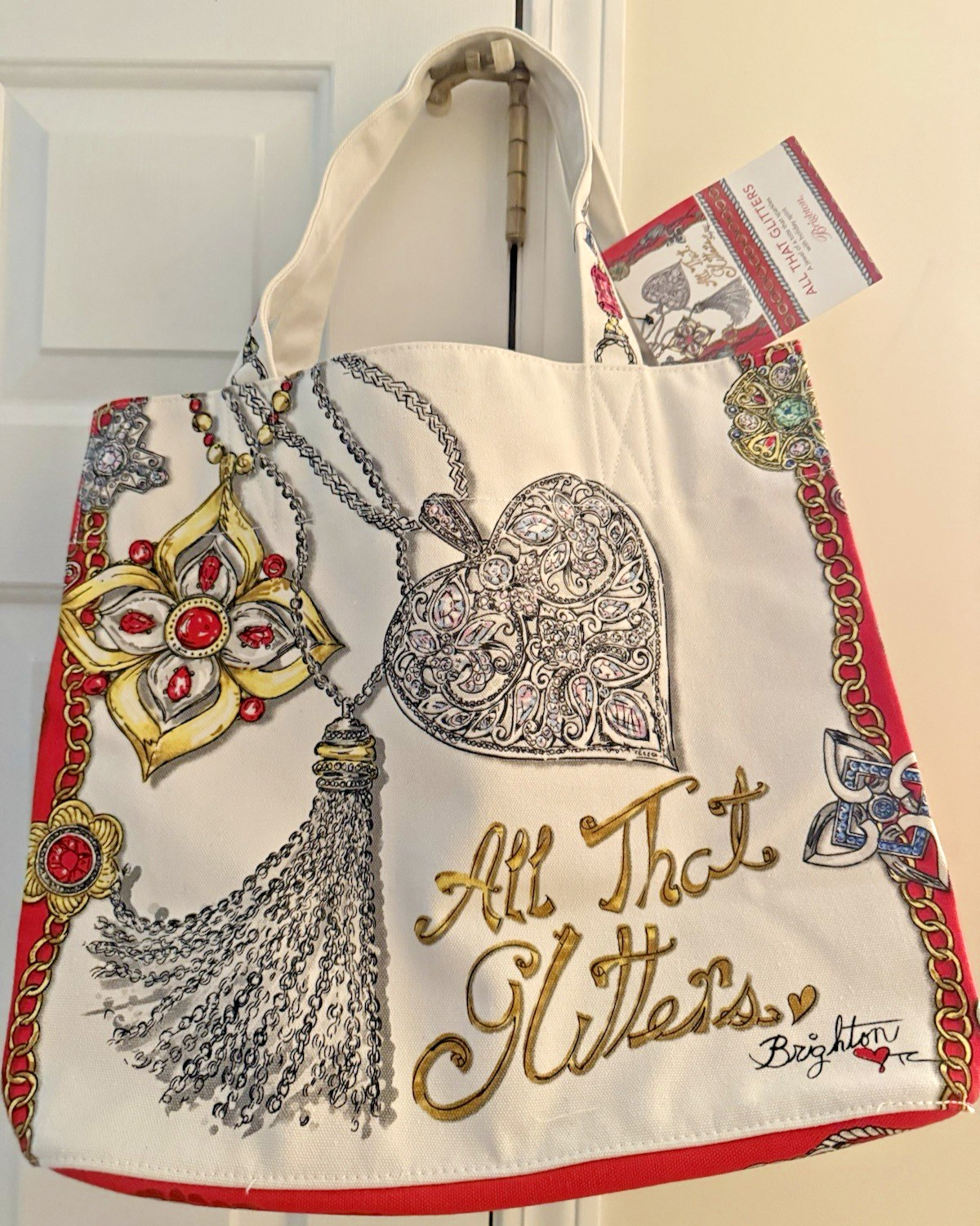Brighton All That Glitters Canvas Tote Bag Tom Clancy Red Love Heart Jewels NWT