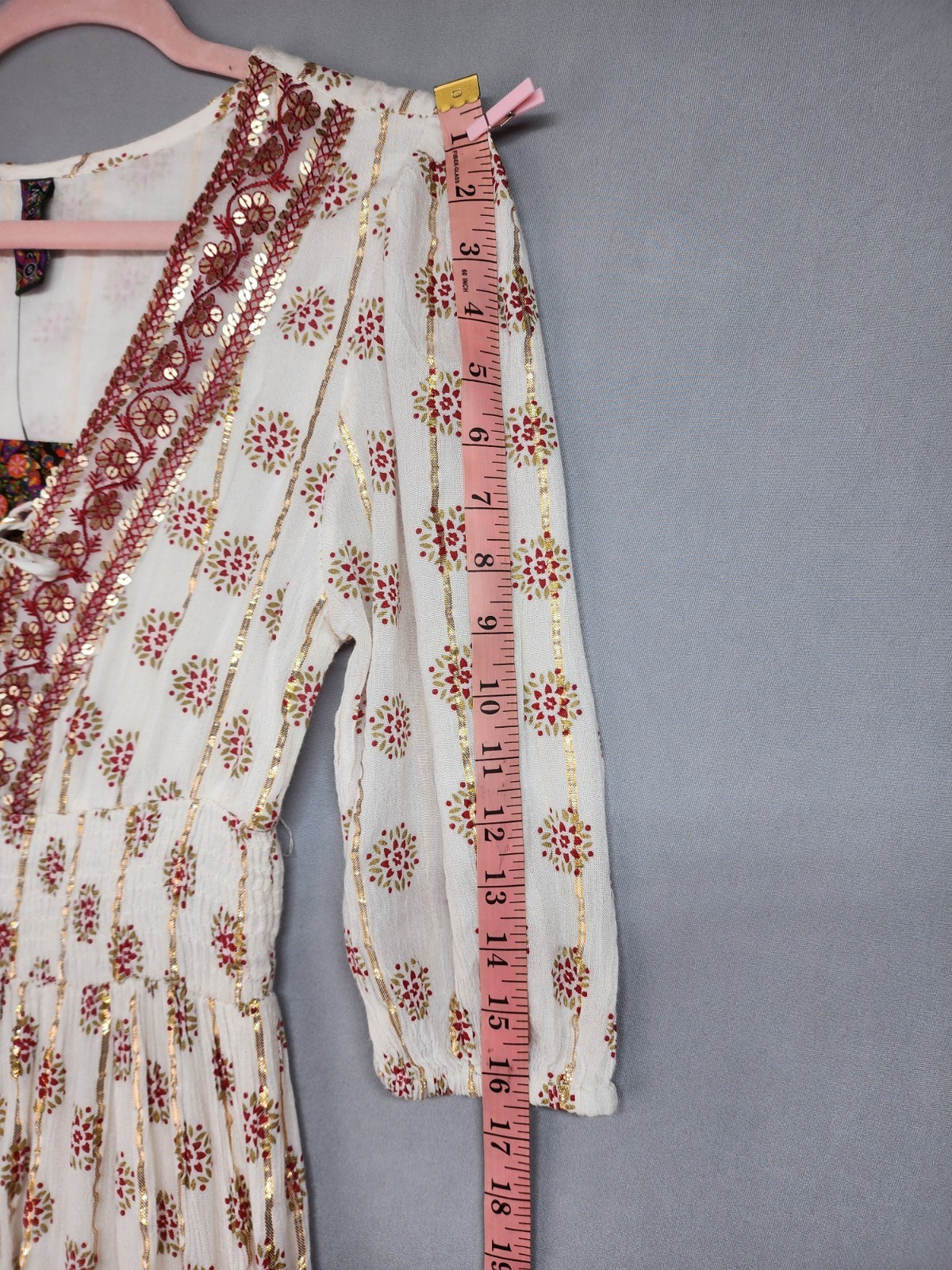 Anthropologie Me 2 Magic Size S Ivory Smocked Boho Maxi Dress Glitter Sequins