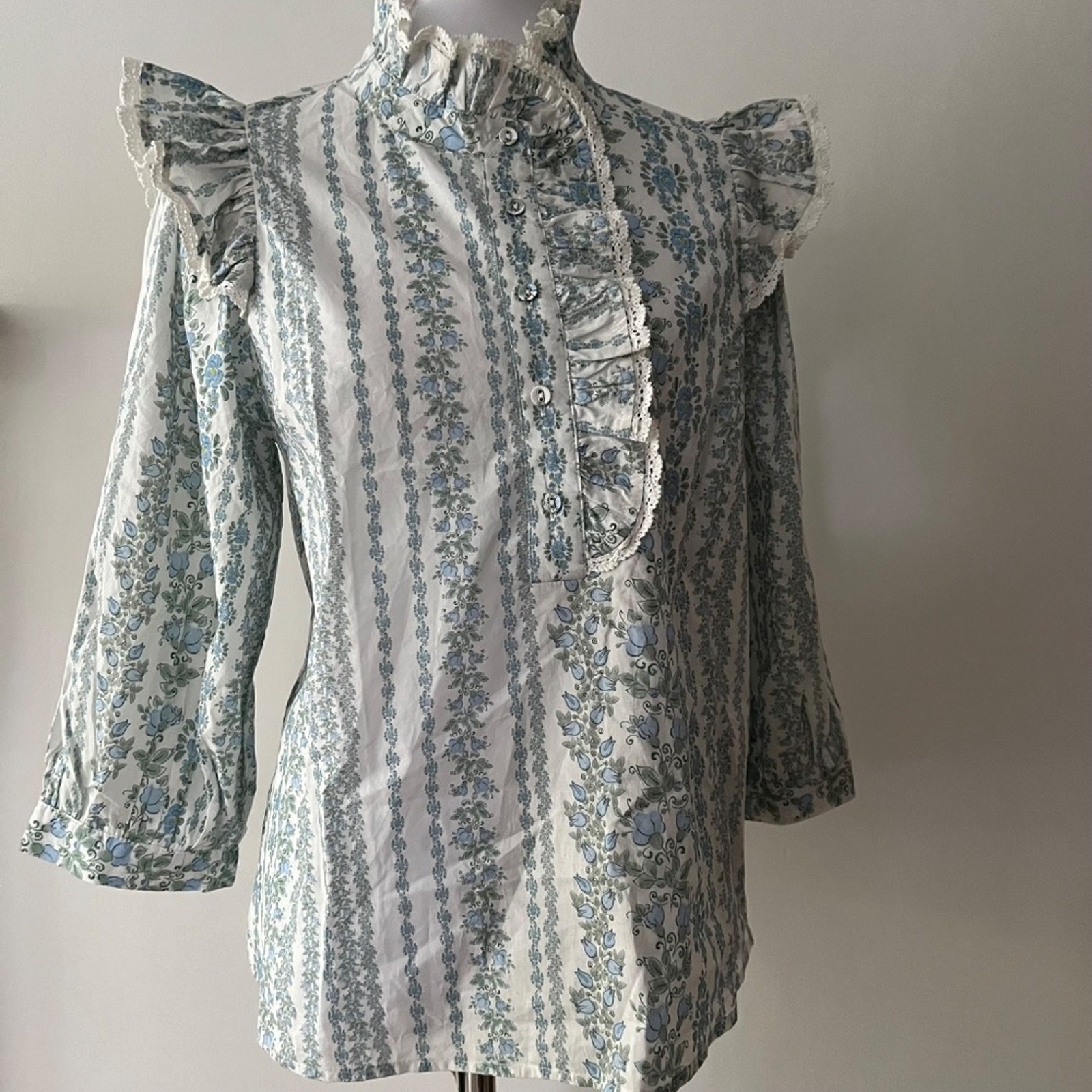 Womens Large Cotton Top Victorian Garden Blouse Crochet Coquette Shirt Edwardian