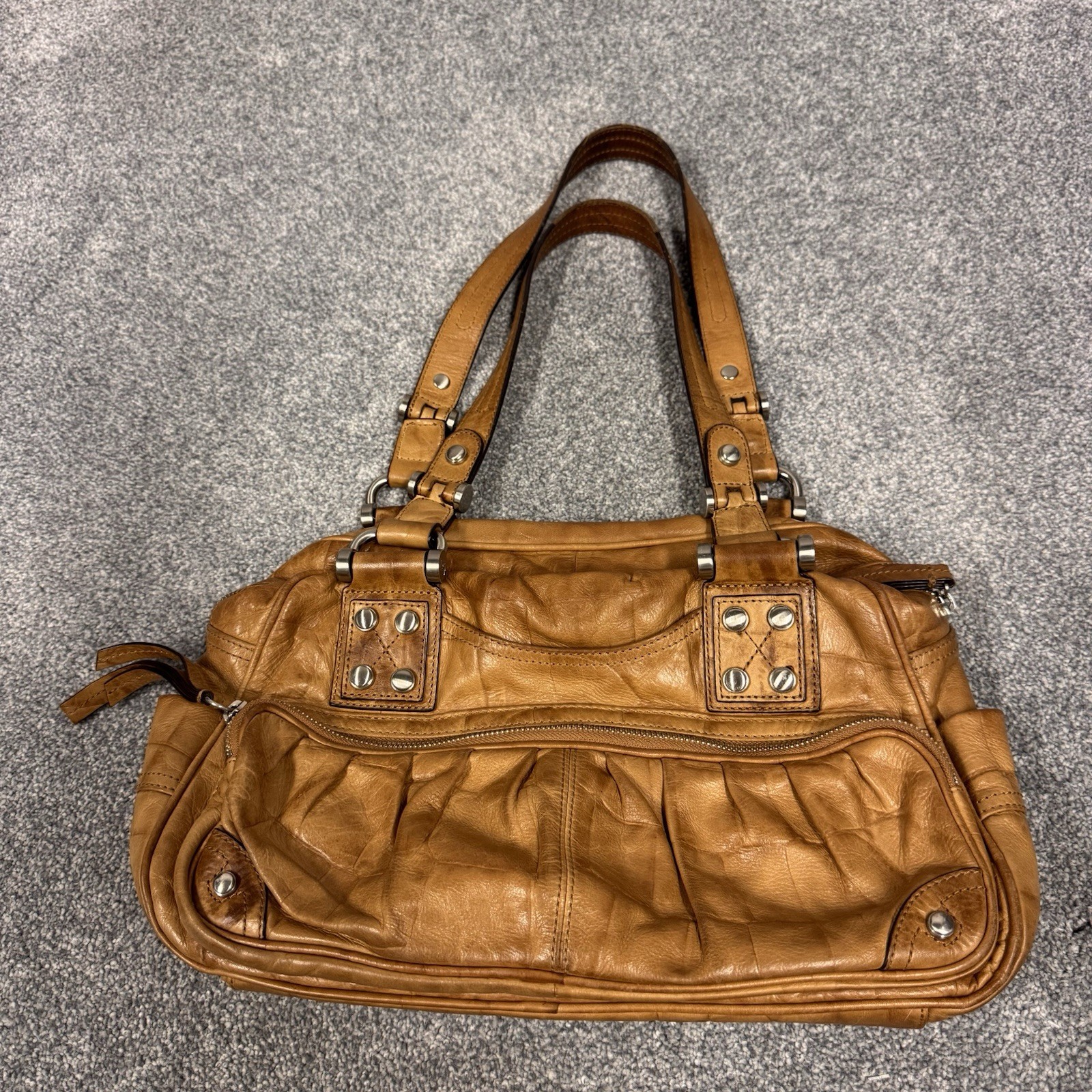 B. Makowsky Brown Leather Zip Top Satchel Handbag PocketBook Women’s Ladies