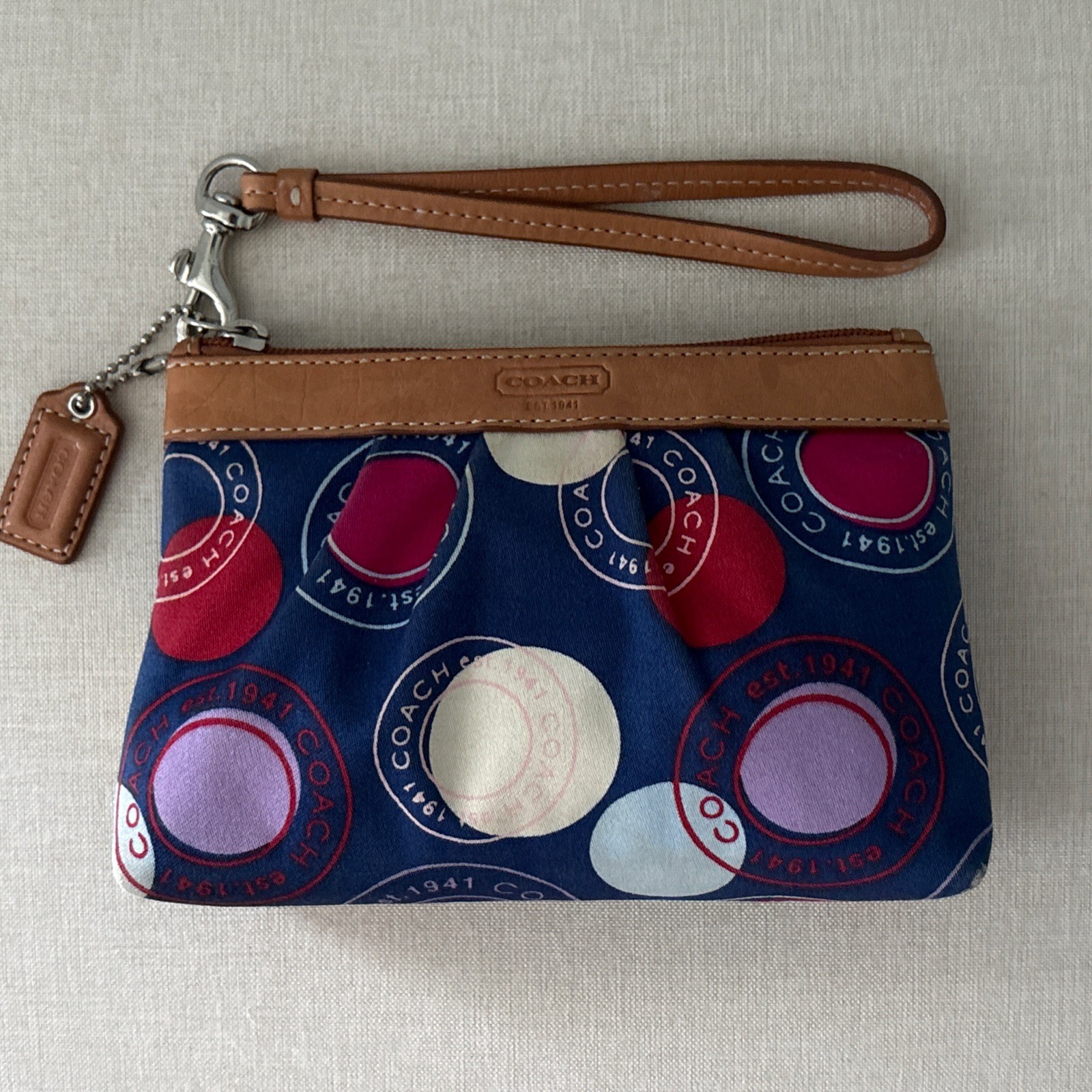 COACH Polka Dot Leah F14667 Red White & Blue Satin Large Wristlet Tan Leather