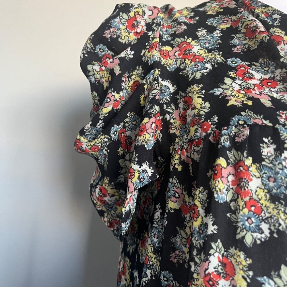 Sandro Floral Summer Ruched Puffed Sleeve V-neck A-line Cocktail Dress Medium