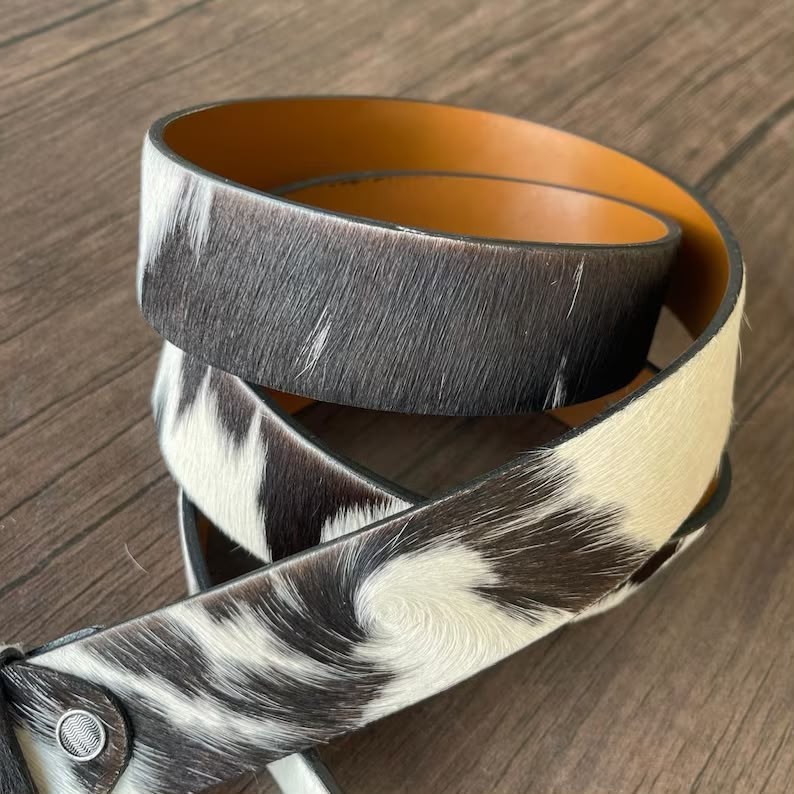 Western Cowhide Leather Belt Brown White Handmade Genuine Fur Buckle