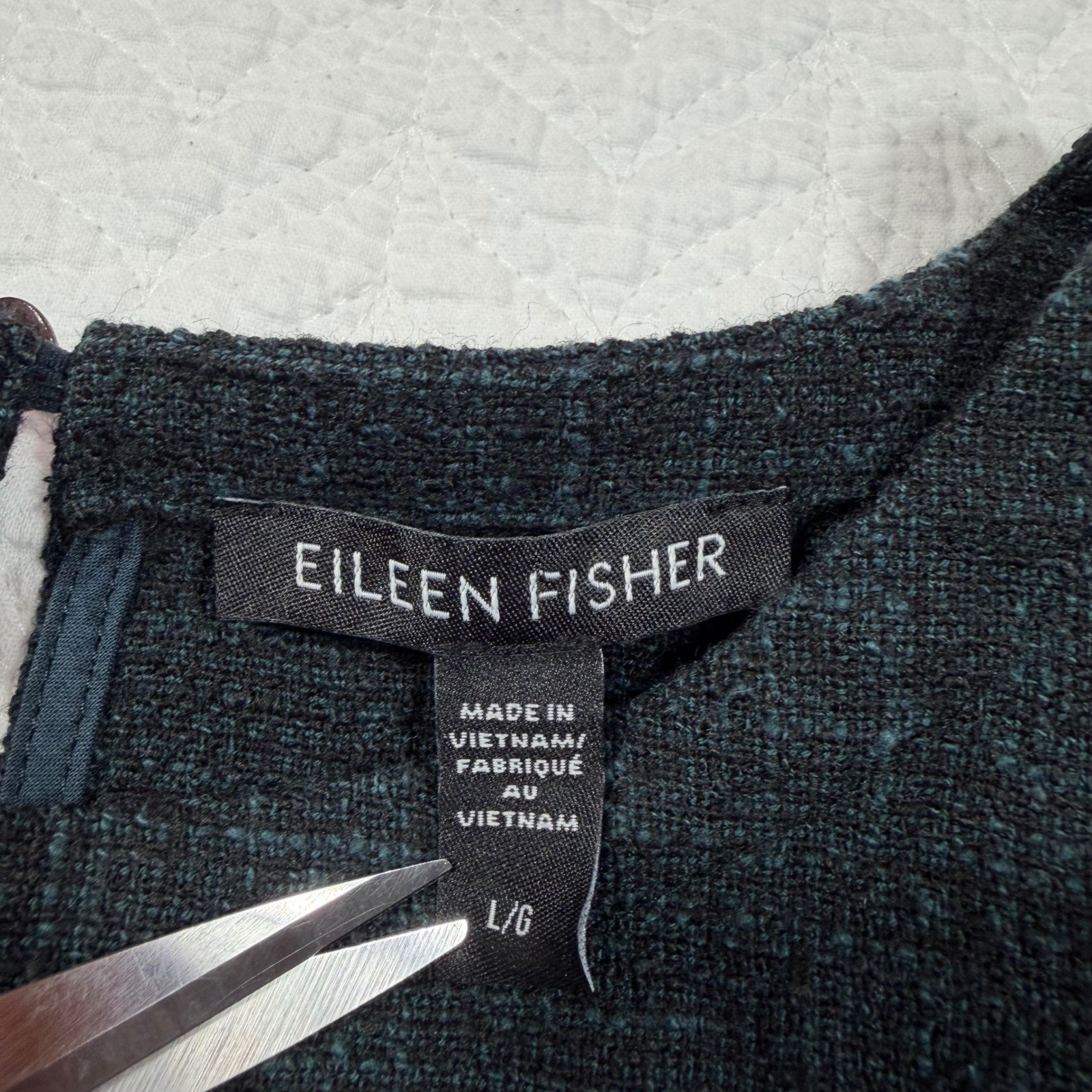 Eileen Fisher Women Top L Textured Knit 3/4 Sleeve Dark Green Minimalist EUC