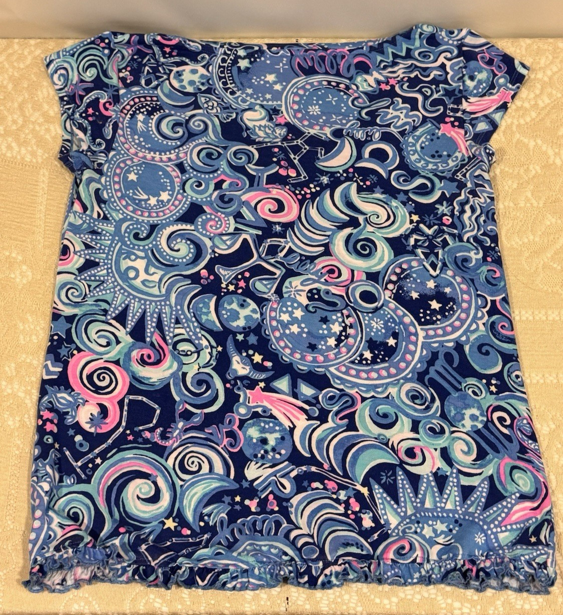 Lilly Pulitzer PJ Knit Ruffle Henley Top Blue/Pink Cosmic Kismet Size XS