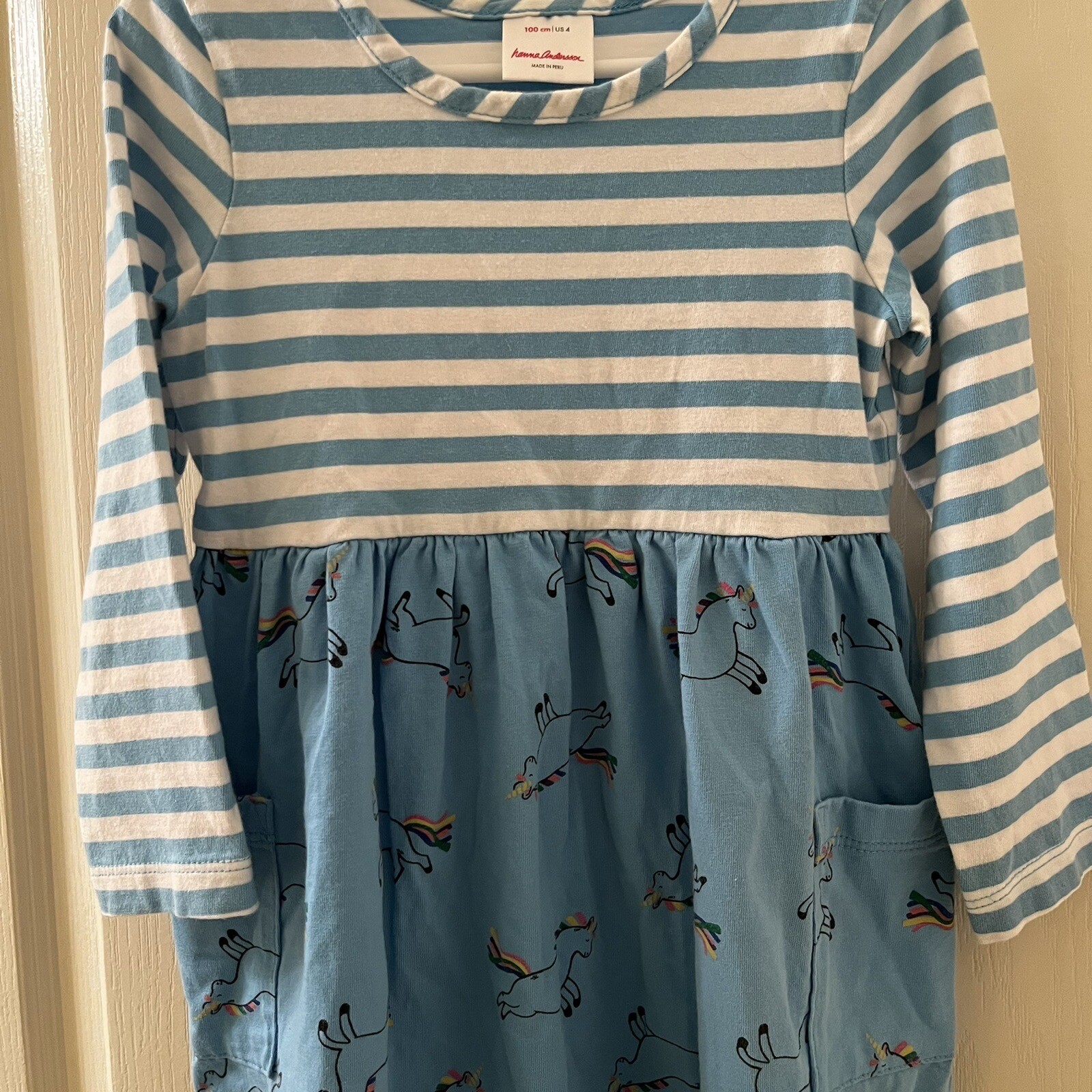 Hanna Andersson Mixie Playdress Dress Blue Striped Unicorn Pockets Size 100 US 4