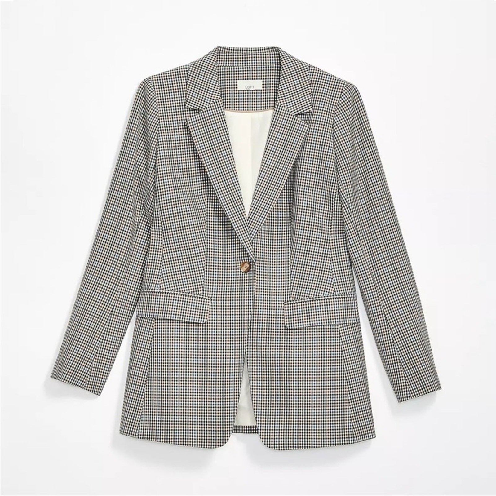 LOFT Checked Long Modern Blazer 2 Women’s Classic Brown Blue Tan Casual Chic