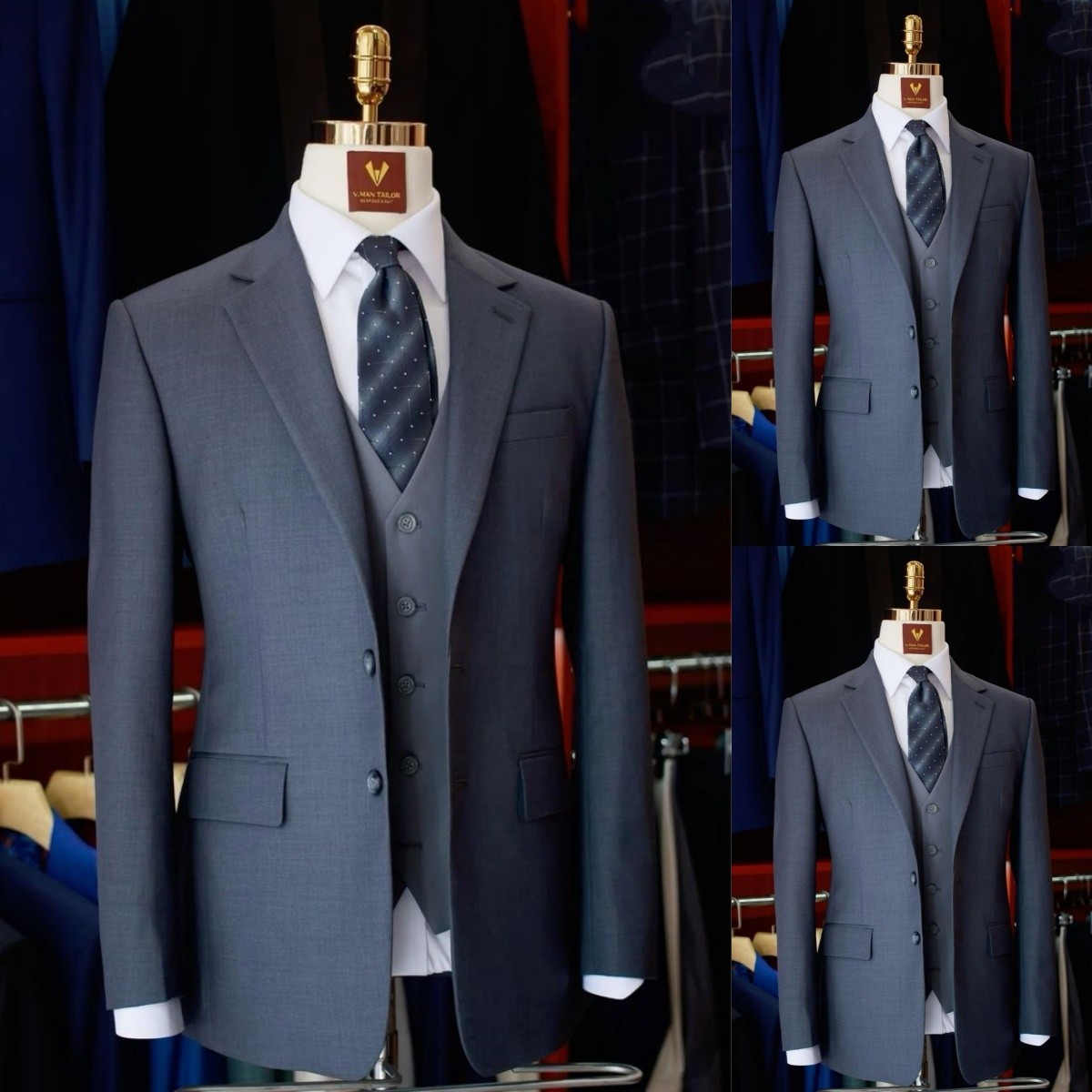 Regular Fit Men’s Suit Navy Blue Notch Lapel Jacket Vest Business Casual Wear