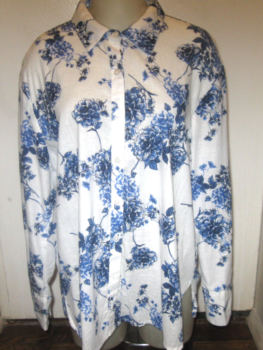 UNIQUE SPECTRUM BLUE FLOWERS ON WHITE TUNIC BLOUSE Sz XL