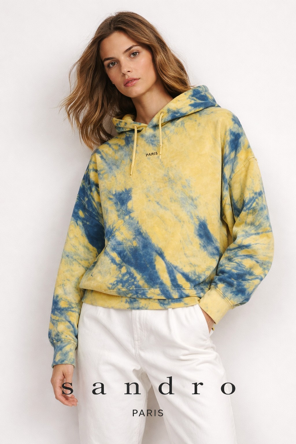 Sandro Paris Tie Dye Hoodie Yellow Blue Designer Pullover Sweatshirt L NWT