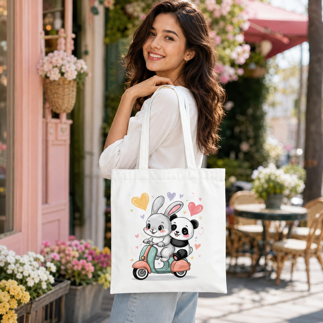 Women Cute Animal Retro Scooter Canvas Tote Bag, Summer