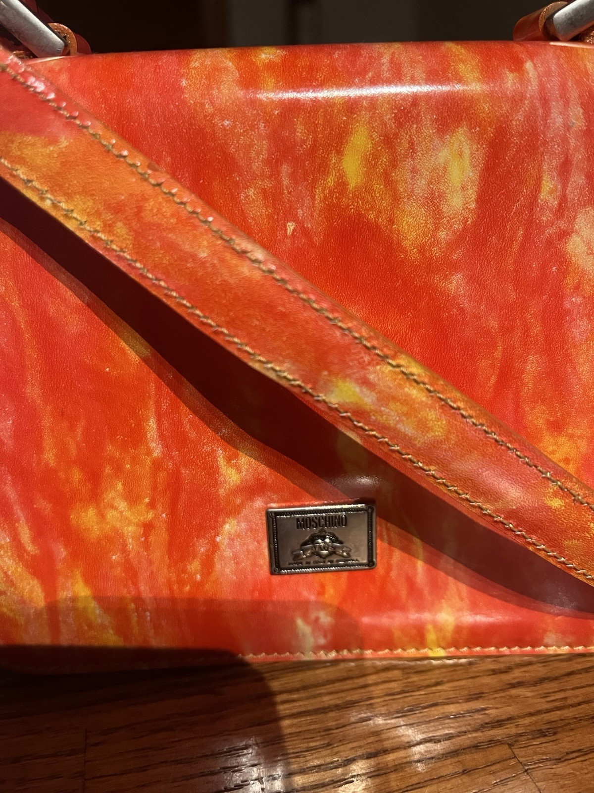 Vintage 90s Y2K Moschino Redwall Heart Locking Satchel Purse Orange Flames RARE