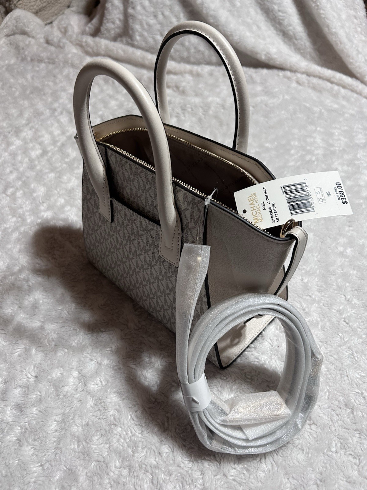 Michael Kors Avril Small Top Zip Satchel Cream/Gray Monogram Logo Strap Charm