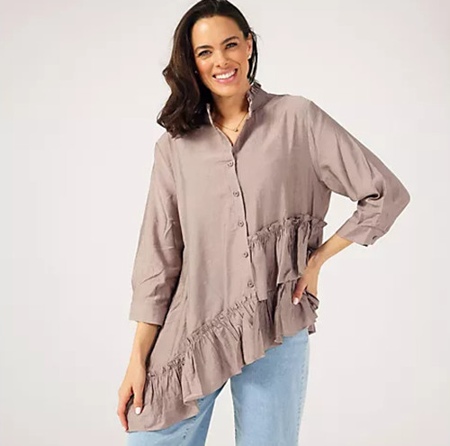 Malissa J Button Shirt Mixed Level 3/4 Sleeve Ruffle Detail Top Taupe S/M bx5