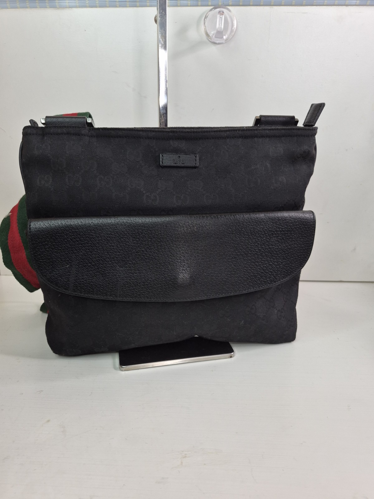 Gucci Black GG Pattern Crossbody Bag Green-Red Web Strap Zip Closure Pockets
