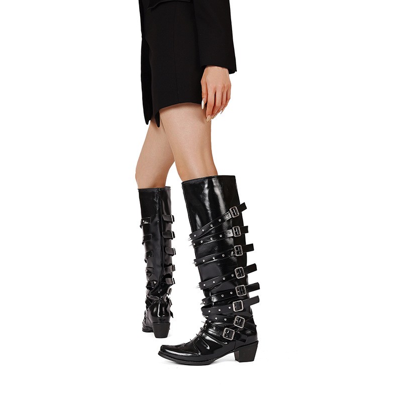Rivet Cowgirl Knight Boots Women Pointy Toe Multi Buckles Low Heel Western Shoes