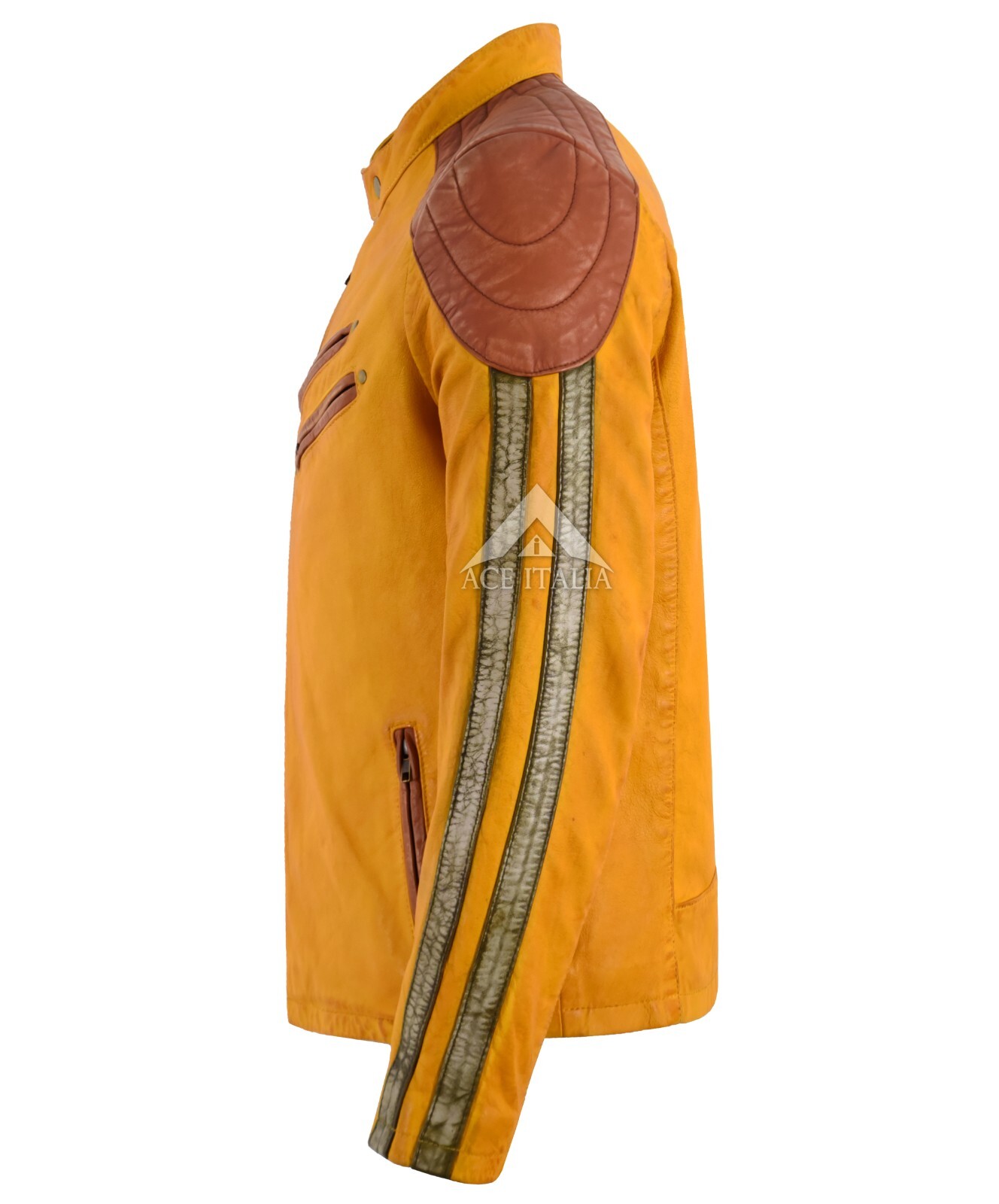 Men’s Racer Style Real Soft Leather Jacket Yellow Classic Motocross Biker Jacket