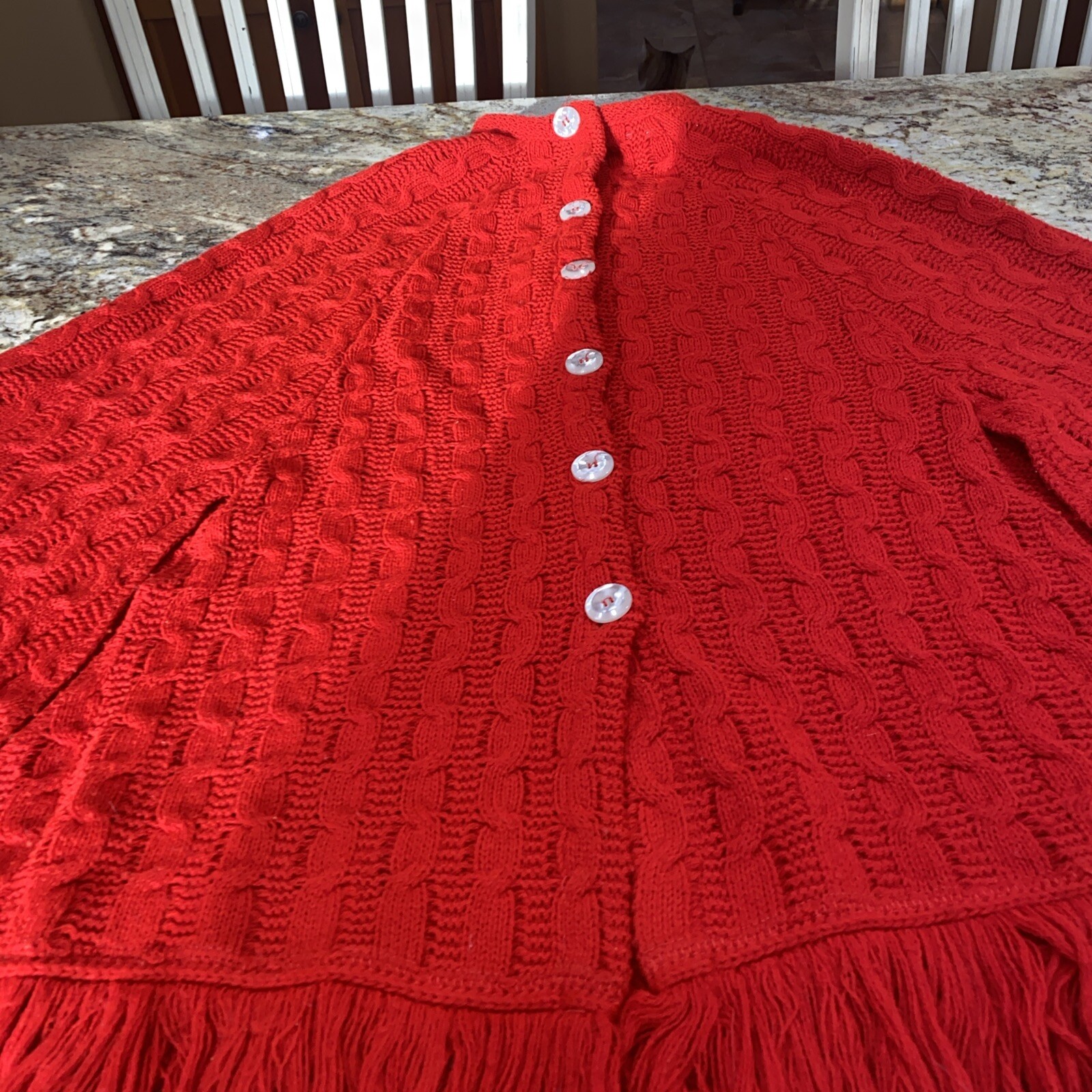 Montgomery Ward Button Up Acrylic Knit Poncho Fringe Red Vtg 70’s Sweater