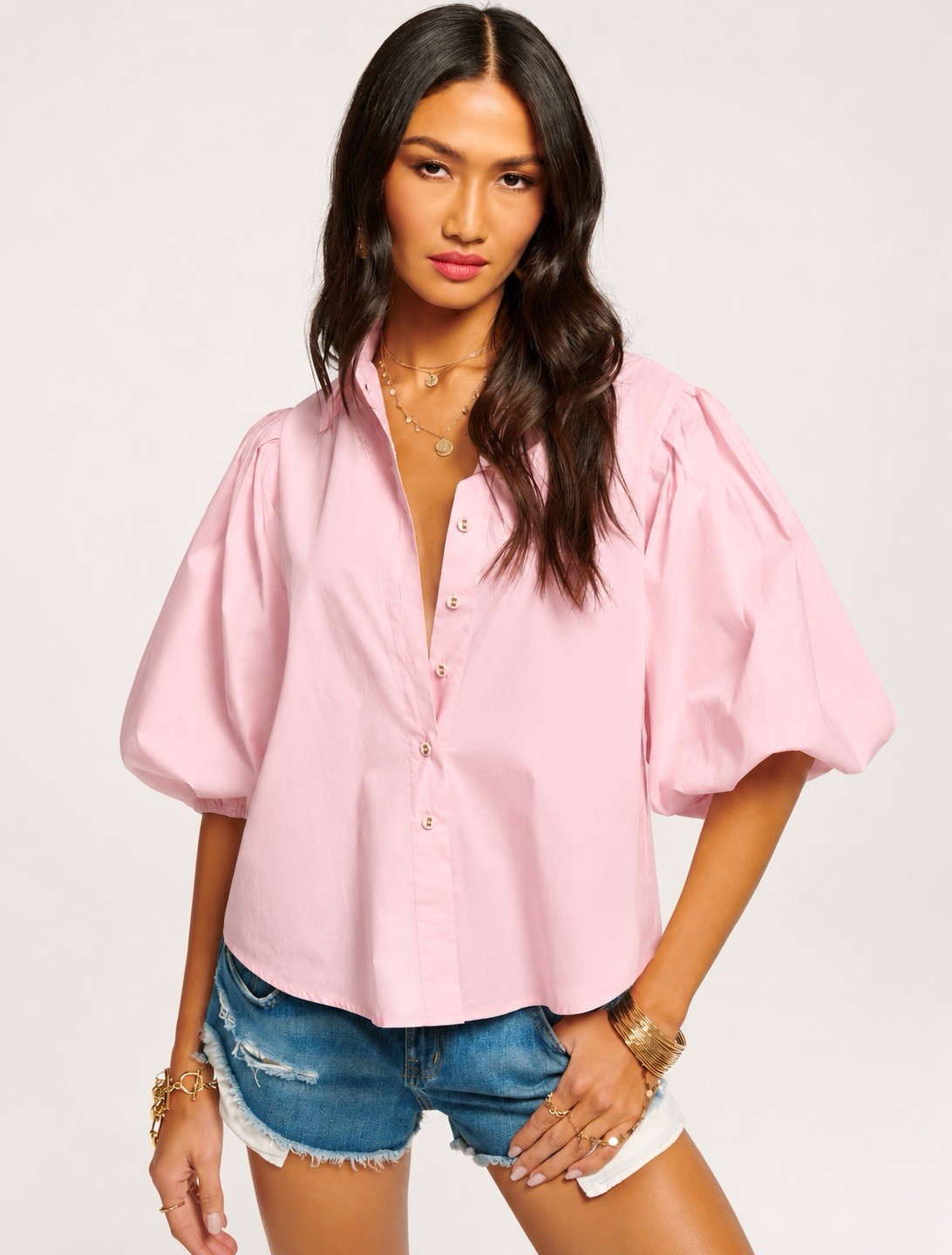 RAMY BROOK Fae Cotton Balloon Sleeve Button Front Blouse Pink S