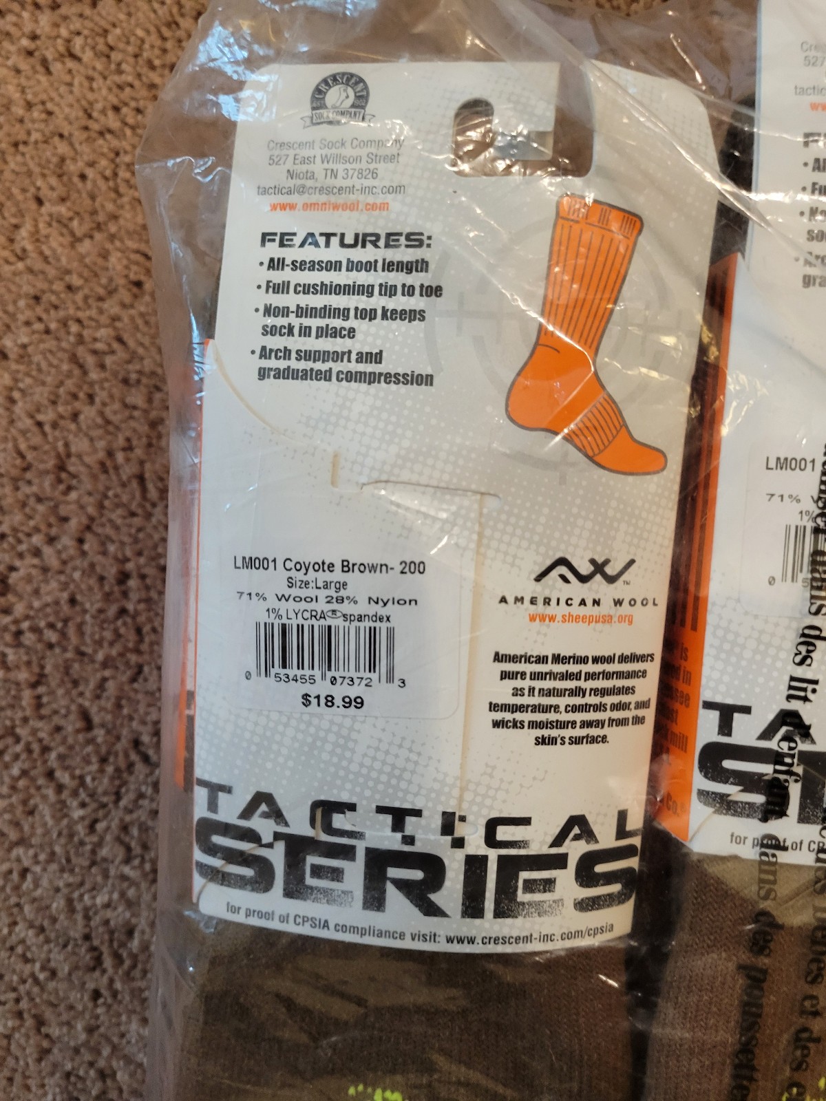 6 Pair Crescent Omni-Wool Tactical Boot Socks Large Coyote Brown Merino Wool LM0