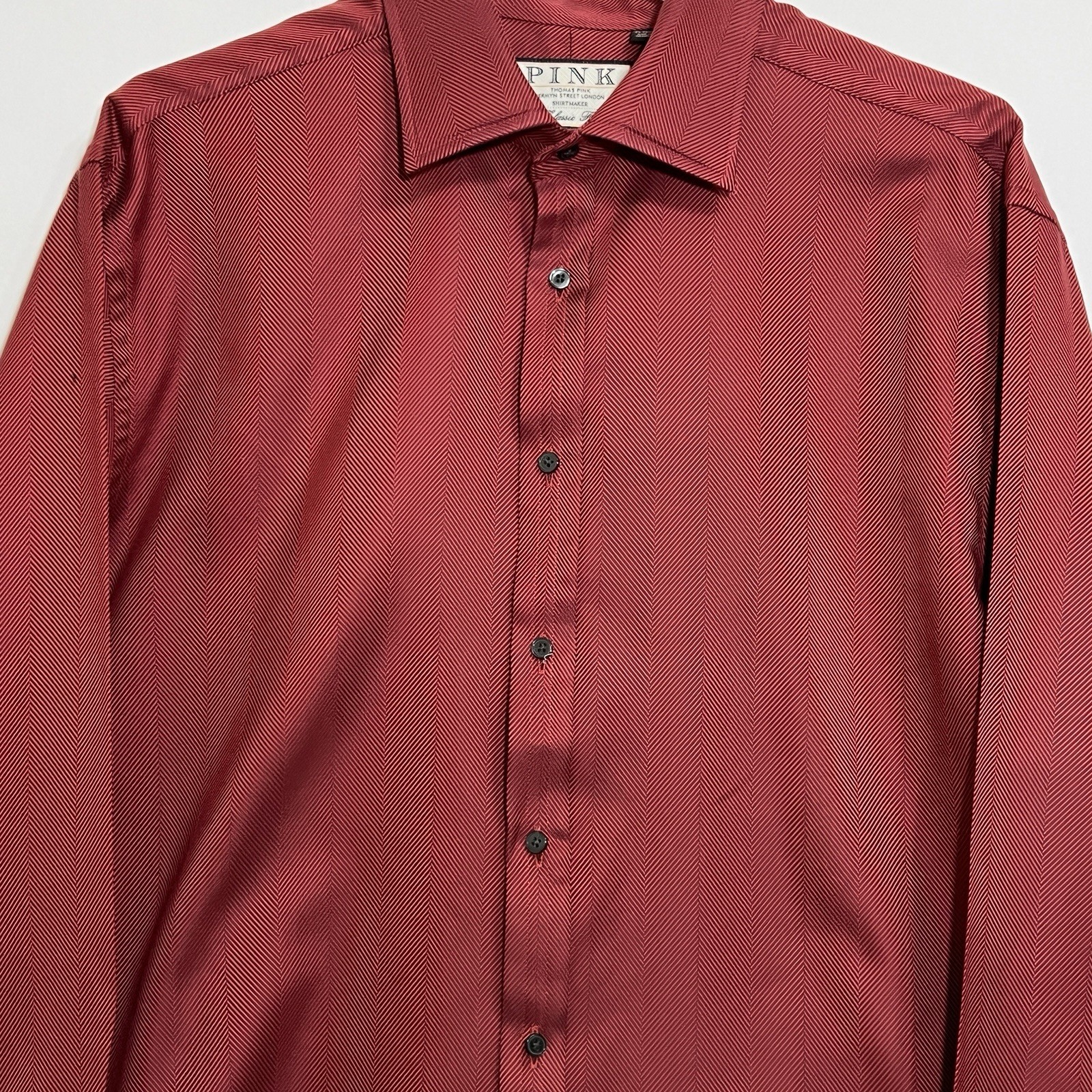 Thomas Pink Classic Fit Herringbone Dress Shirt Dark Shade Red Men 17.5 35 1/2