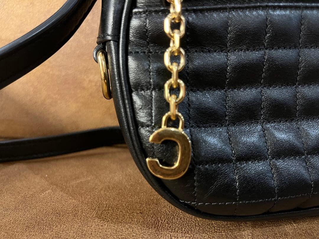 CELINE C Charm Quilted Leather Shoulder Bag Black Authentic Small Crossbody