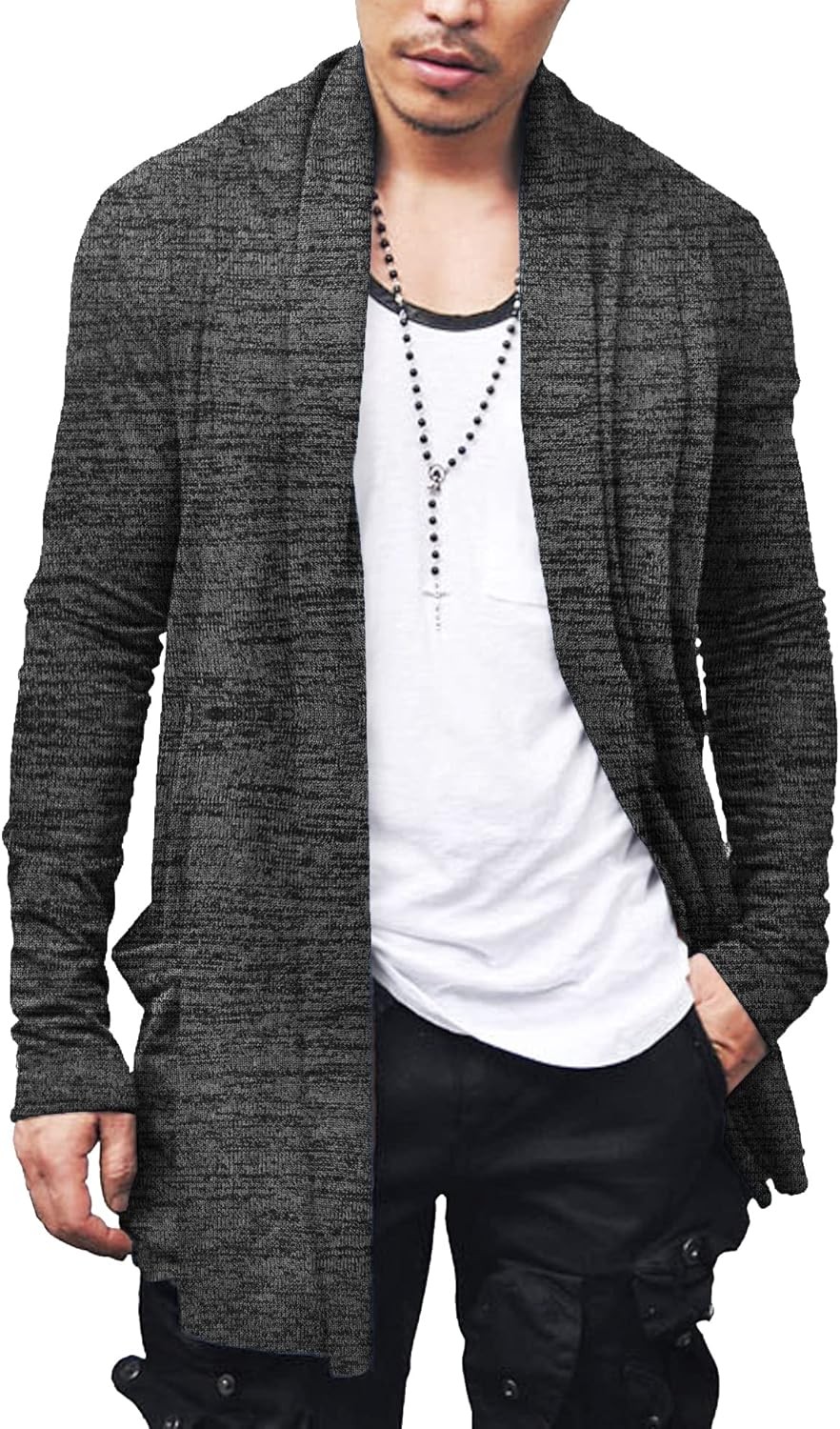 Men’s Lightweight Open Front Cardigan Longline Drape Sweater with Pockets Shawl