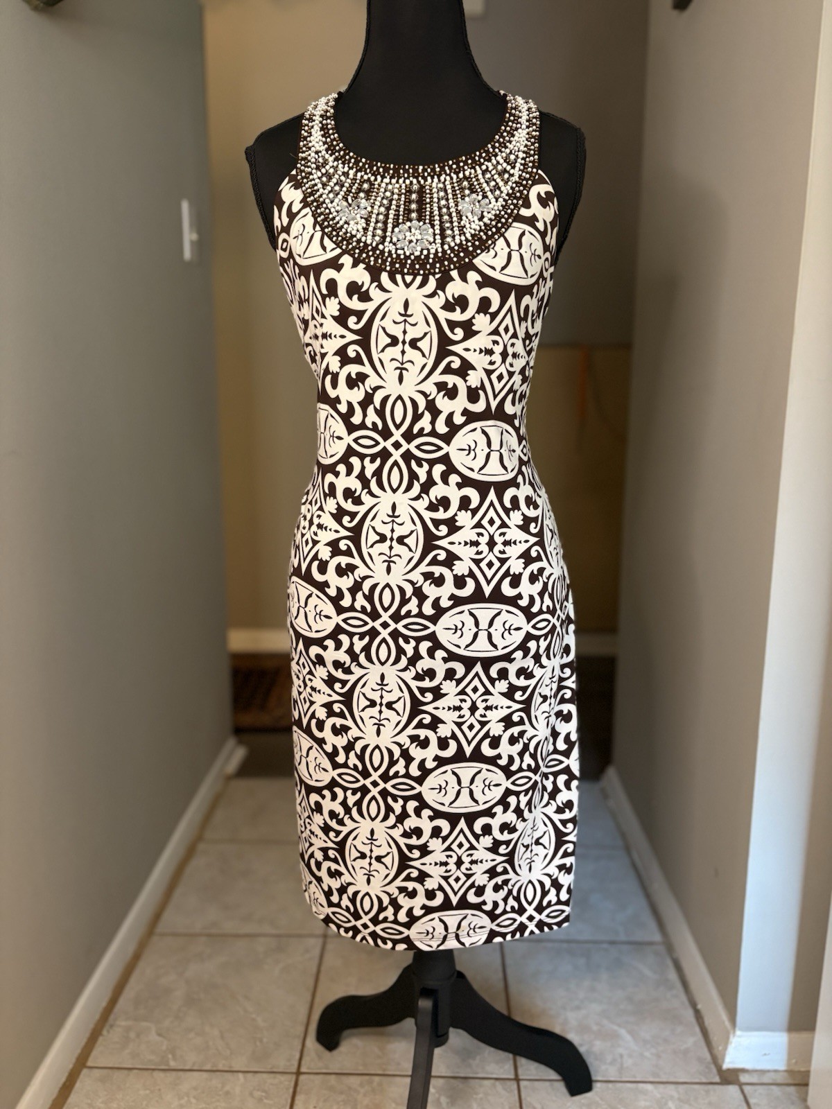 INC Brown And White Beaded Collar Lightweight Damask Sheath Dress