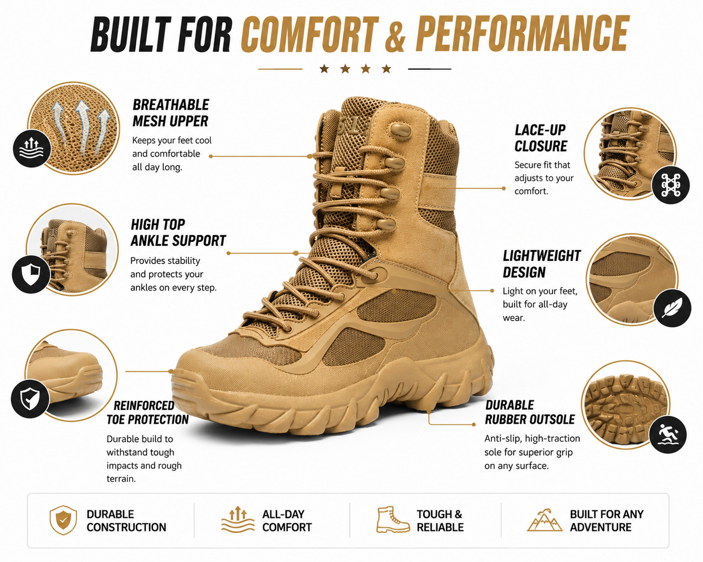 NORTIV8 Men’s Military Tactical Work Boots Side Zipper Hiking Combat Boots Shoes