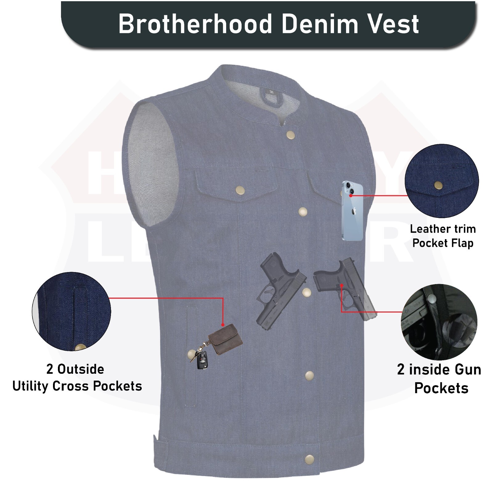 Biker Denim Blue Club Style Anarchy Vest with Conceal Carry Gun Pocket HL21689BL