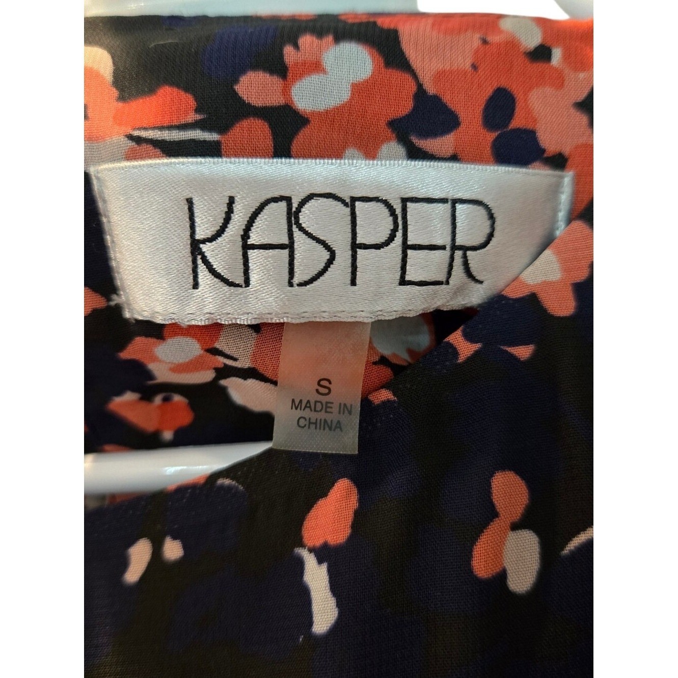 Kasper Black Blouse with Coral, Navy, and Cream Floral Print